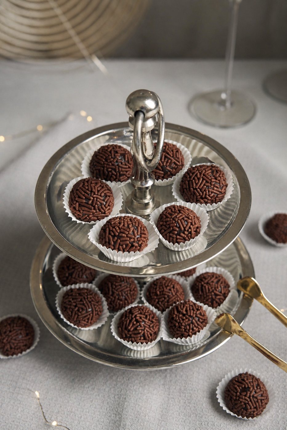 Brazilian brigadeiros served on a silver dessert stand